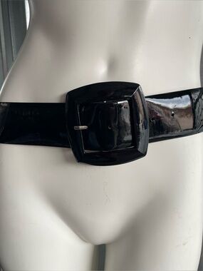 Ann Taylor Patent Leather Belt Large Black Wide Mod Statement Buckle